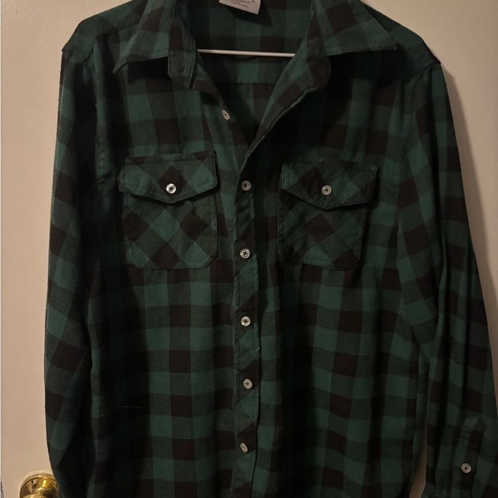 Cozy Green Black Plaid Flannel Shirt Long Sleeve Lumberjack Casual Size Large